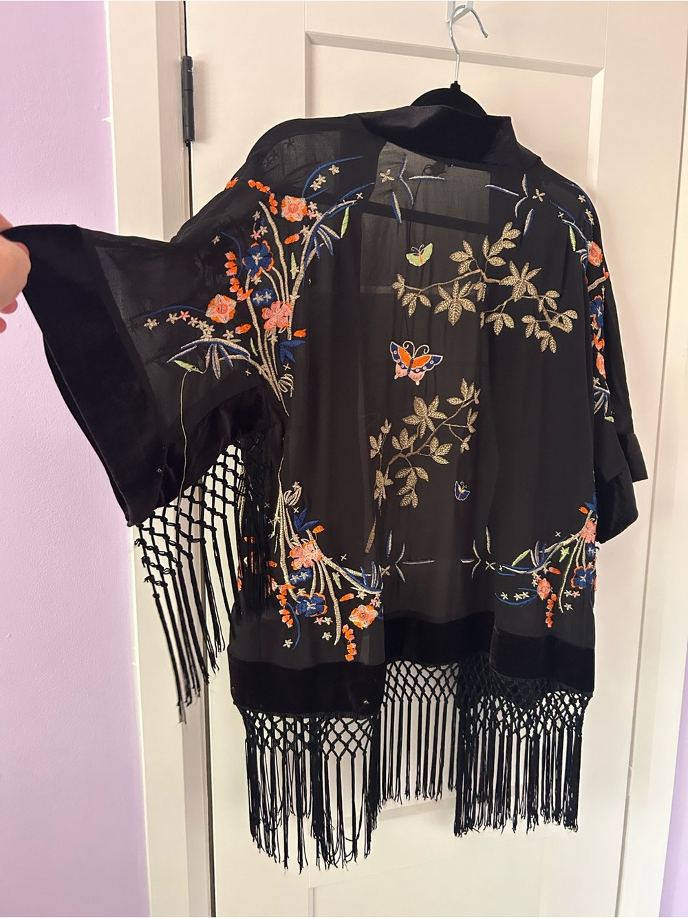 Sheer Black Embroidered Fringe Kimono
